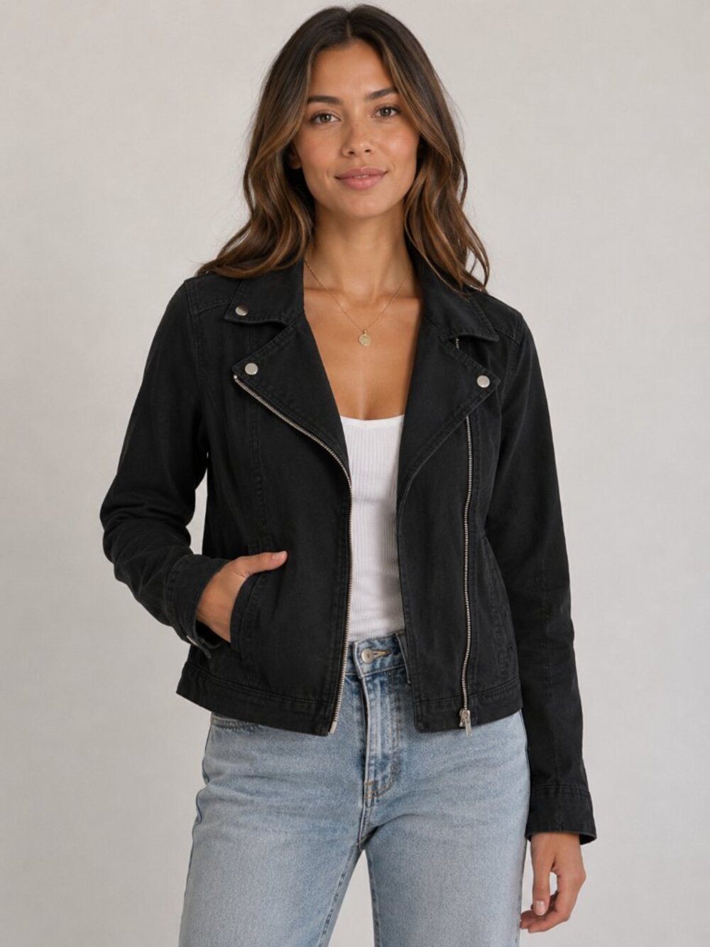 Old Navy Black Moto Jacket Women's Medium Zip Front Denim Biker Coat Size Medium